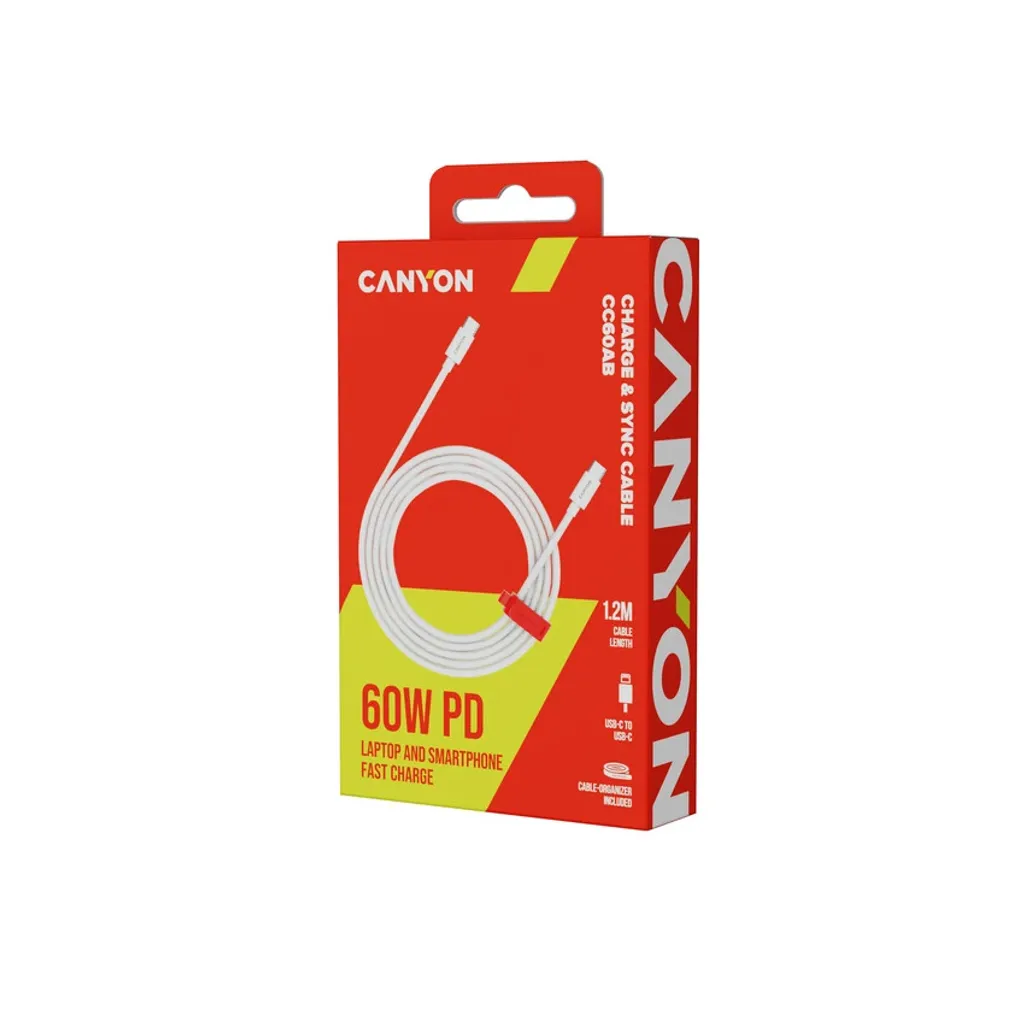 USB-C Cable CANYON (Braided/Power Delivery Support, 1.2m) White, USB Type C (Male) - USB Type C (Male) - Photo 2