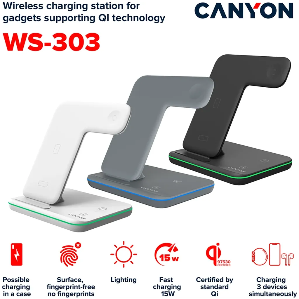 3-in-1 Wireless charging station for gadgets supporting QI technology WS-303 - Photo 11