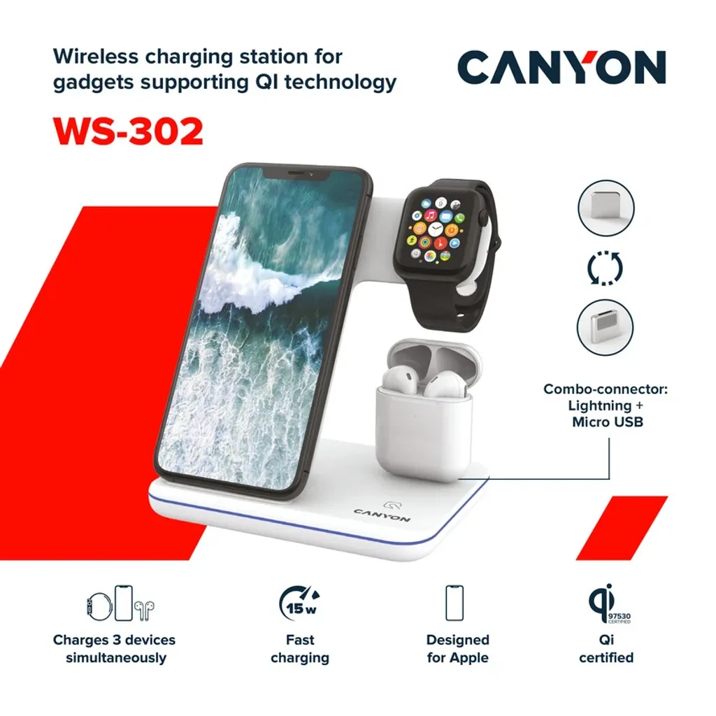 3-in-1 Wireless charging station for gadgets supporting QI technology WS-302 - Photo 7