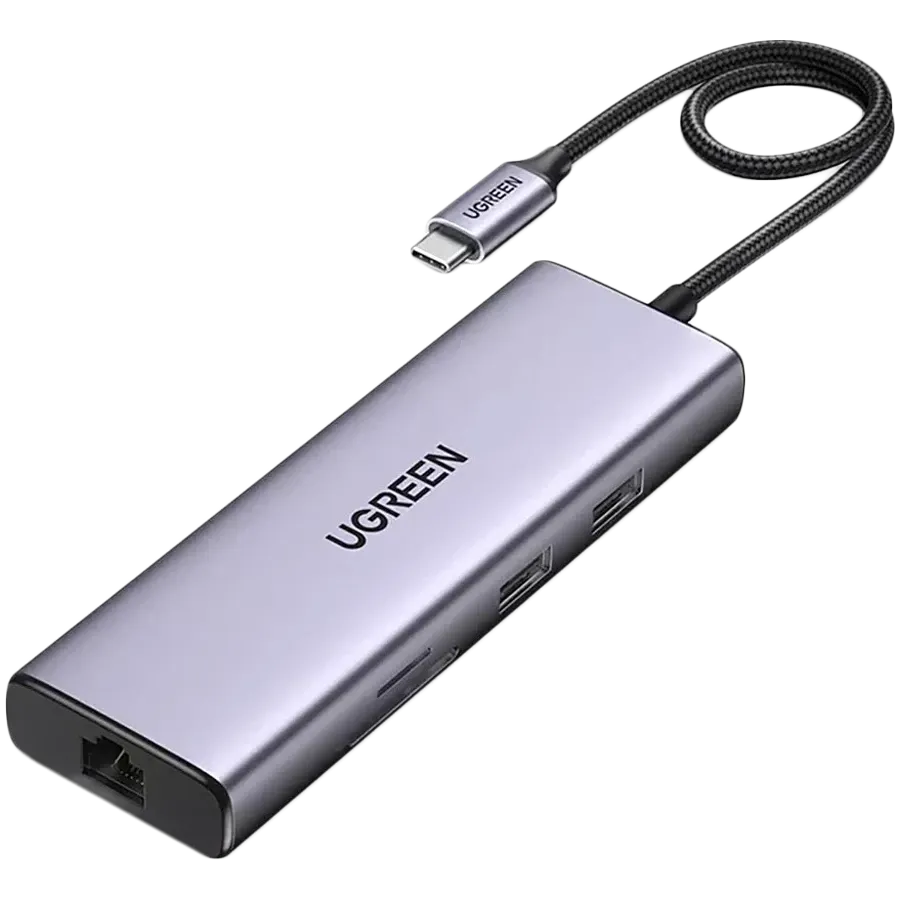 UGREEN USB-C to 2xUSB 3.0+1xUSB 2.0+2xHDMI+RJ45(1000M)+SD+TF+PD, Gray – photo