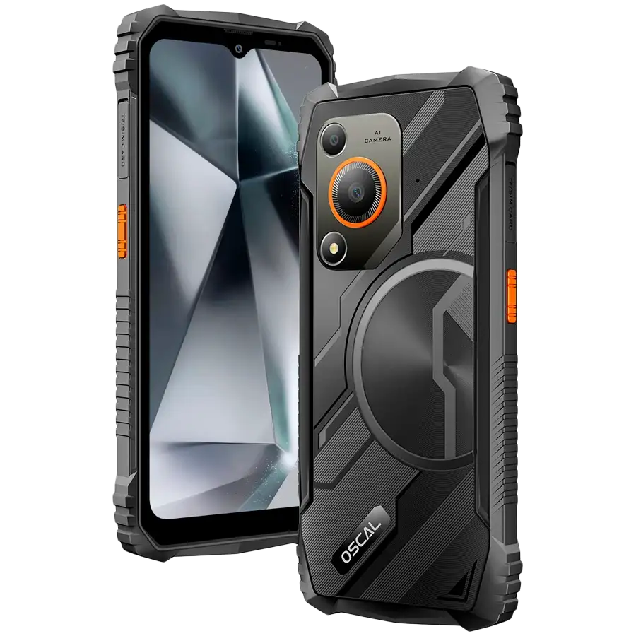 Front and rear angled view of the black OSCAL Marine 1 rugged smartphone