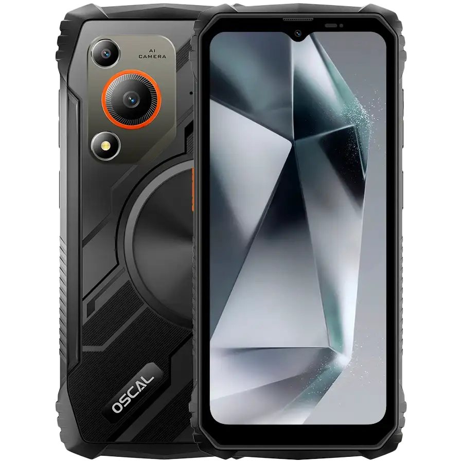 OSCAL Marine 1 rugged smartphone in black, front and rear view