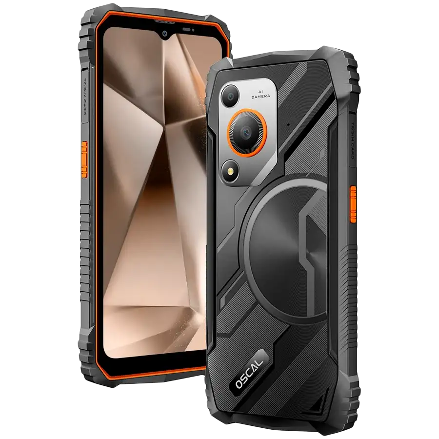 Front and rear view of the orange OSCAL Marine 1 smartphone