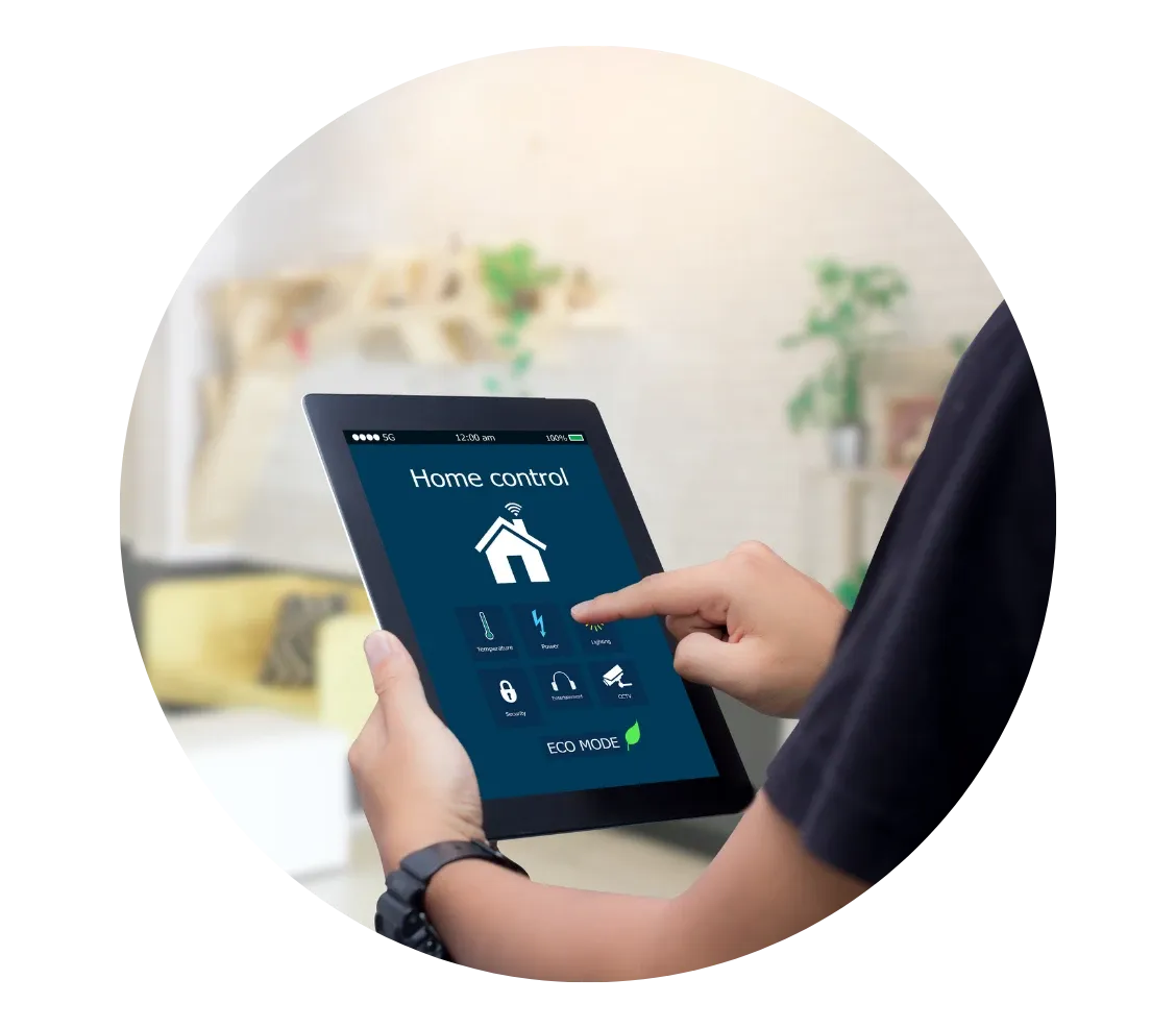 man holding a smart home tablet
