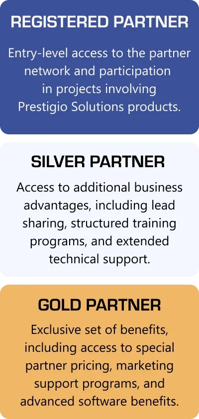 Prestigio Solutions Partner Program showing three levels: Registered, Silver and Gold, each with different benefits and support
