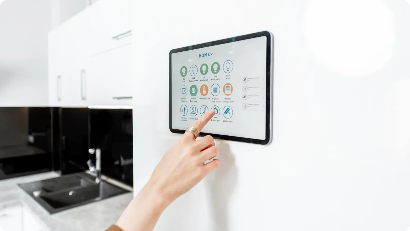 smart home tablet on the kitchen wall