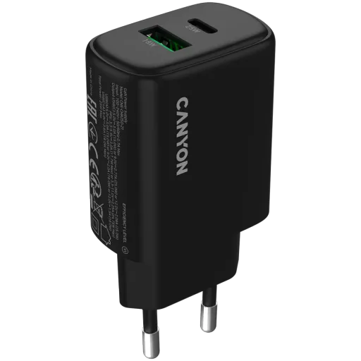 CANYON Power Adapter OnCharge 250 QC 2*USB/USB-C USB Type C, USB Type-A, 25 W