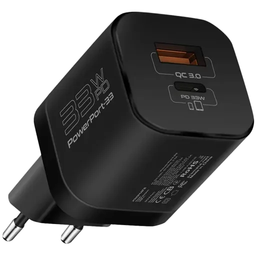 Сетевое зарядное устройство Promate PowerPort-33 Вт USB-C+USB-A Black (POWERPORT-33.BLACK)