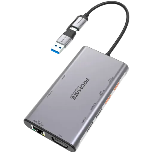 USB-хаб PROMATE PrimeHub-MST 9в1 USB-C PD/2хHDMI/VGA/2xUSB3.2/2xUSB2.0/RJ45 Grey (PRIMEHUB-MST.GREY)