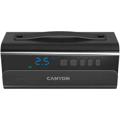CANYON Rechargeable Electric Air Pump:Vendor device name: AP-118; Battery Capacity: 2000mah; Working Voltage:14.8V; Max Current: 13.5A; Max Pressure: 100PSI; Air flow:38L/Min; Charging: 17.5V 1A charger
