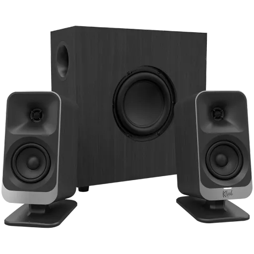 Klipsch ProMedia Lumina 2.1 сабвуфері және LED жарықтандыруы бар компьютерлік үндеткіштер, қара