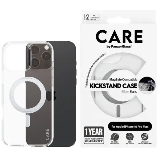 PANZERGLASS Case Feature Case Transparent w. Silver Kickstand & MagSafe თან MagSafe Clear/Silver for iPhone 16 Pro Max