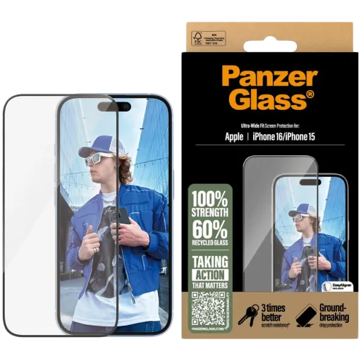 Захисне скло PanzerGlass для iPhone 16 | 15 | Ultra-Wide Fit