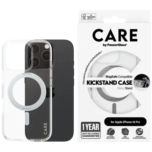 PANZERGLASS Case Feature Case Transparent w. Silver Kickstand & MagSafe with MagSafe Clear/Silver for iPhone 16 Pro
