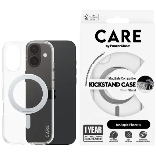 PANZERGLASS Case Feature Case Transparent w. Silver Kickstand & MagSafe with MagSafe Clear/Silver for iPhone 16
