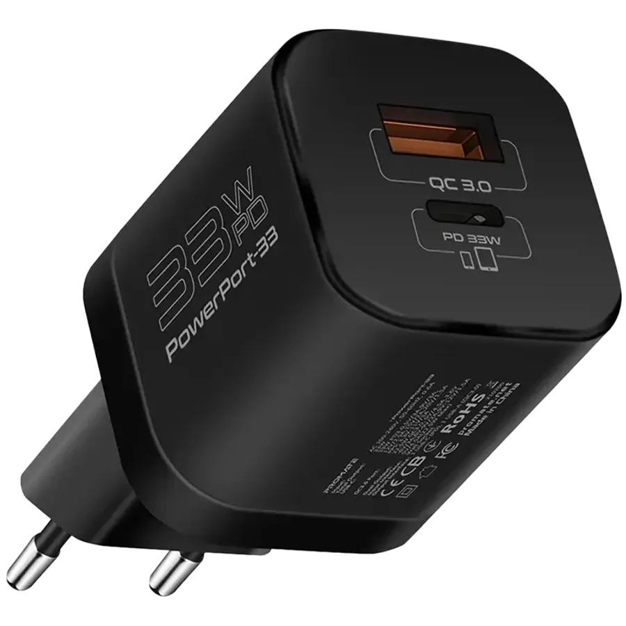 photo - Мережевий зарядний пристрій Promate PowerPort-33 Вт USB-C+USB-A Black (POWERPORT-33.BLACK)