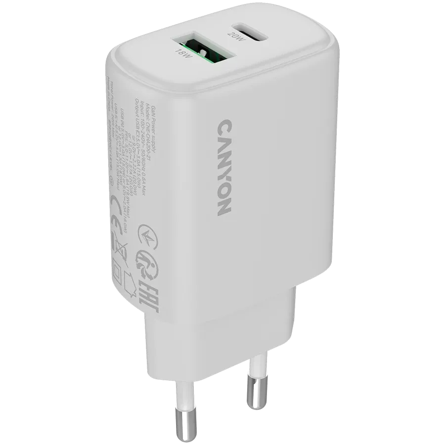 photo 1 - CANYON Адаптер питания OnCharge 200 QC 2*USB/USB-C USB Тип C, USB Тип A, 20 Вт