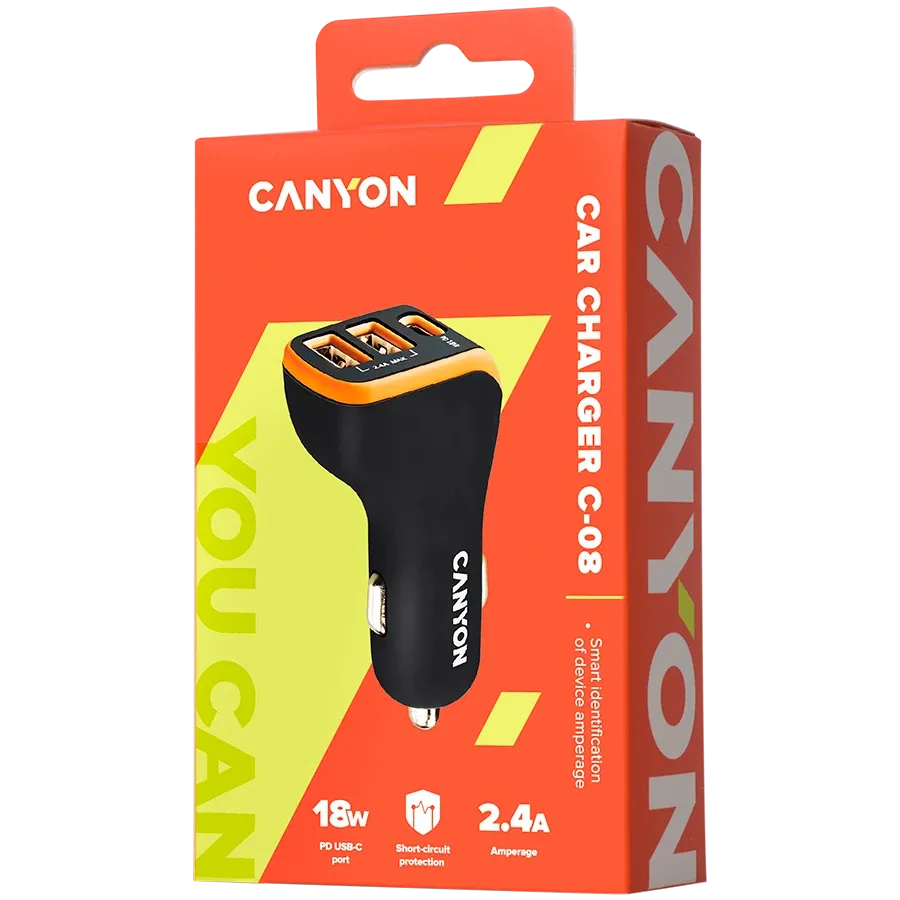 photo 3 - CANYON Автомобильный адаптер C-08 3*USB/USB-C, 18 Вт