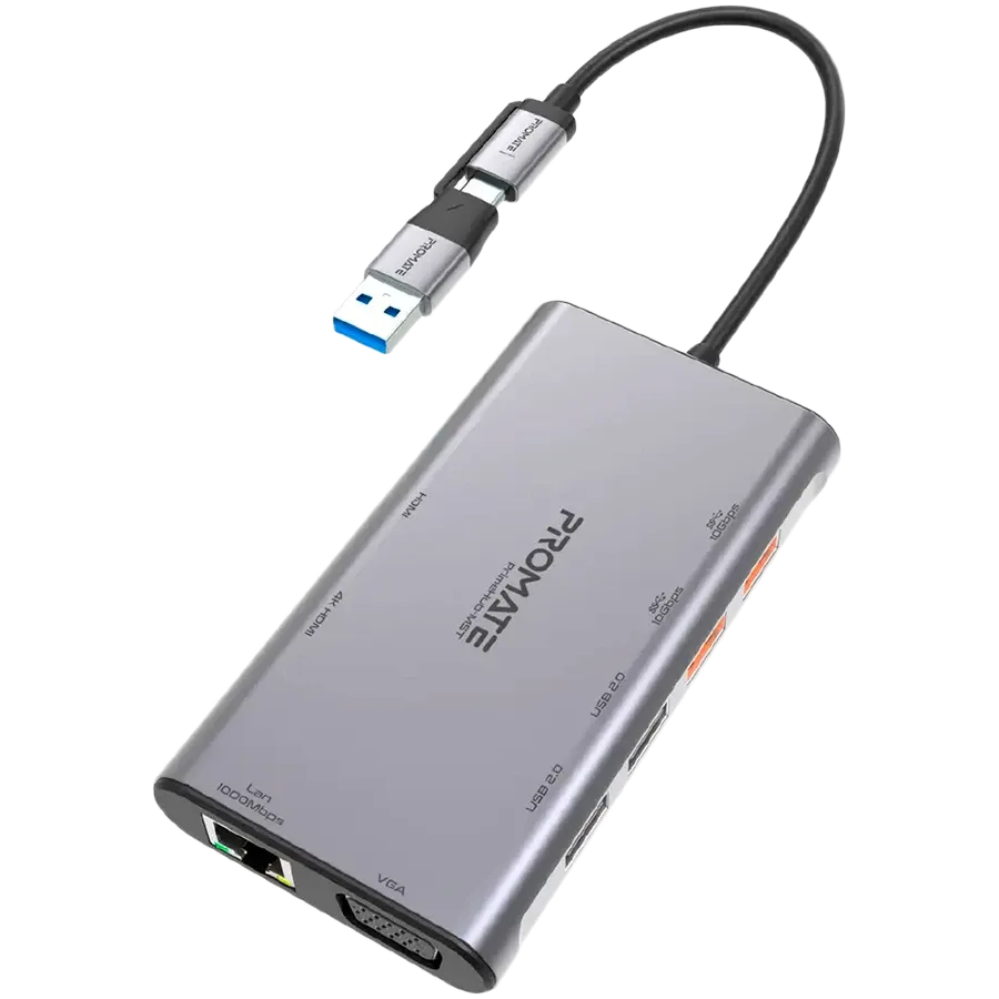 photo 1 - USB-хаб PROMATE PrimeHub-MST 9в1 USB-C PD/2хHDMI/VGA/2xUSB3.2/2xUSB2.0/RJ45 Grey (PRIMEHUB-MST.GREY)