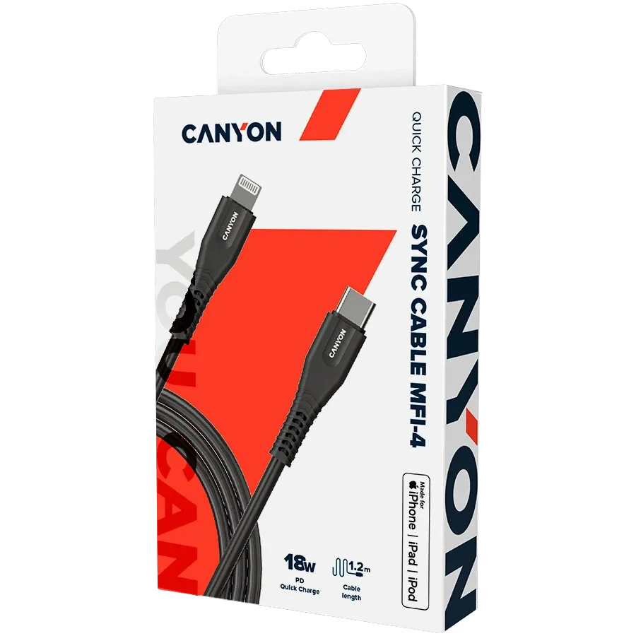 photo 4 - CANYON USB մալուխ MFI-4, Սև, 1.2մ