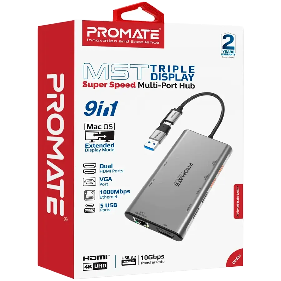 photo 2 - USB-хаб PROMATE PrimeHub-MST 9в1 USB-C PD/2хHDMI/VGA/2xUSB3.2/2xUSB2.0/RJ45 Grey (PRIMEHUB-MST.GREY)