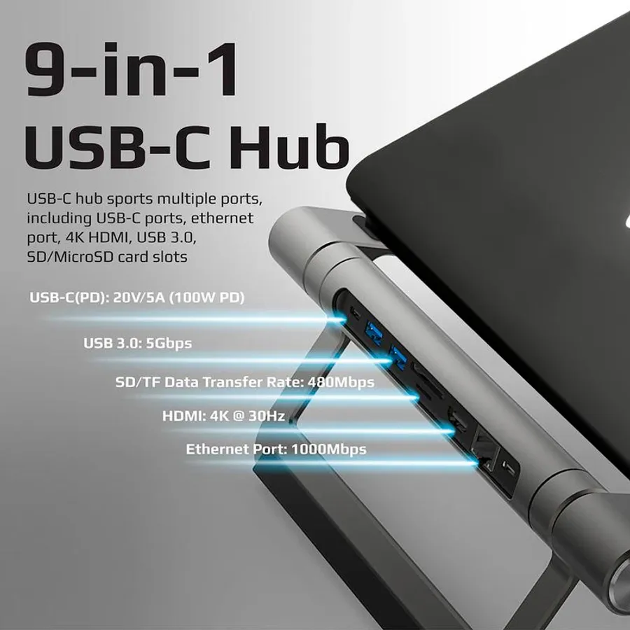 photo 2 - Хаб 9-в-1 PROMATE PrimeBase-C USB-C PD/HDMI/2xUSB 3.0/RJ45/SD/MicroSD