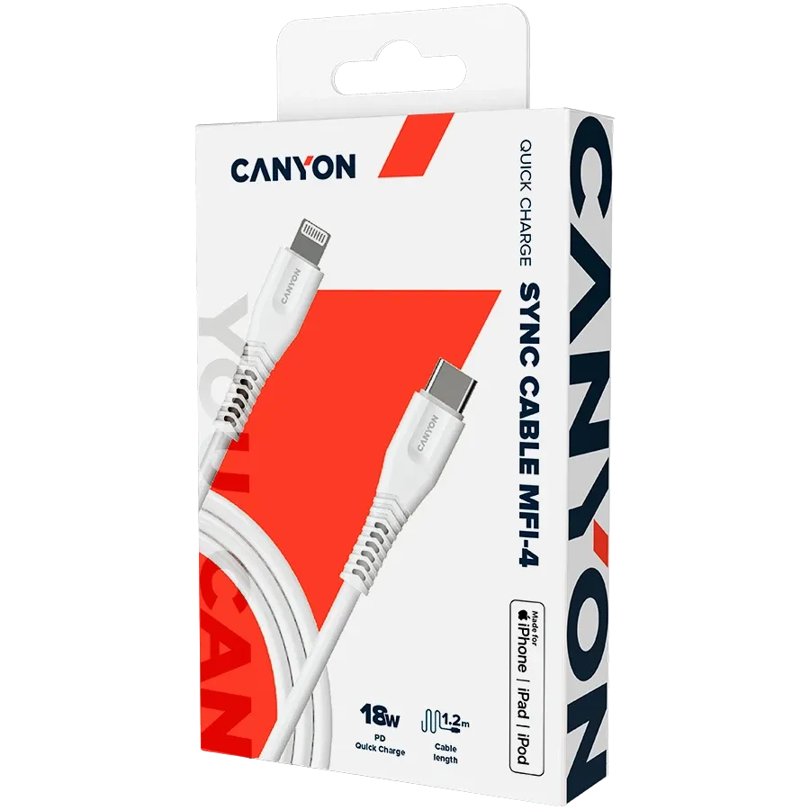 photo 4 - CANYON USB Cable MFI-4, White, 1.2m