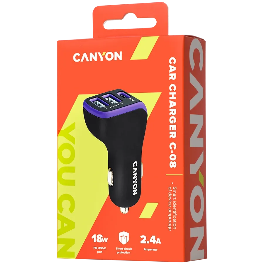 photo 4 - Автомобильный адаптер CANYON USB/USB-C, 18 Вт, Черный