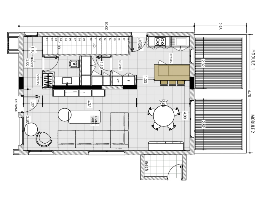 Architectural ground floor plan of a three bedroom modular house