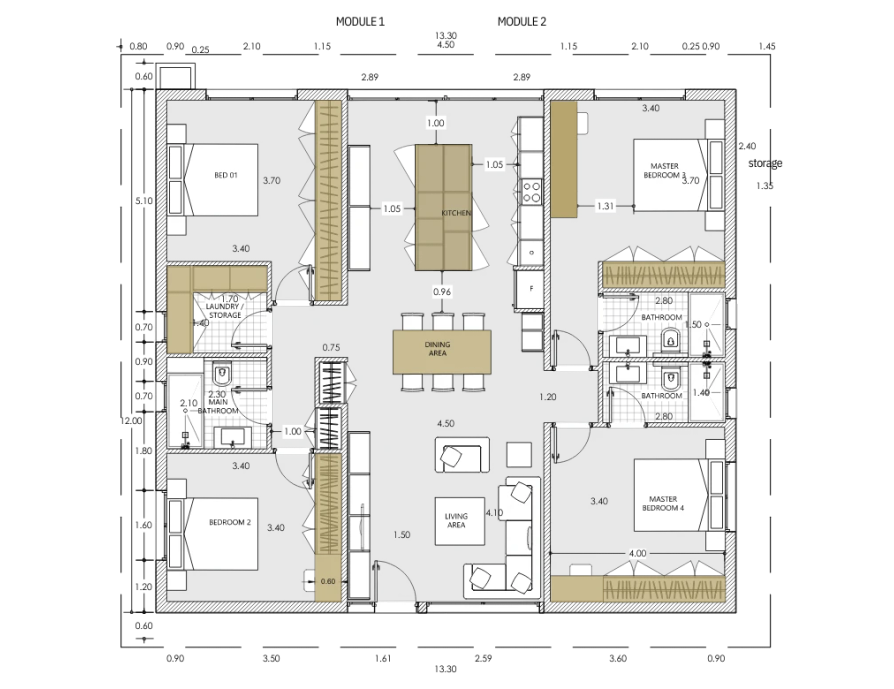 Floor plan of a single-level house with four bedrooms, two en suite bathrooms, and a open plan kitchen living and dining area