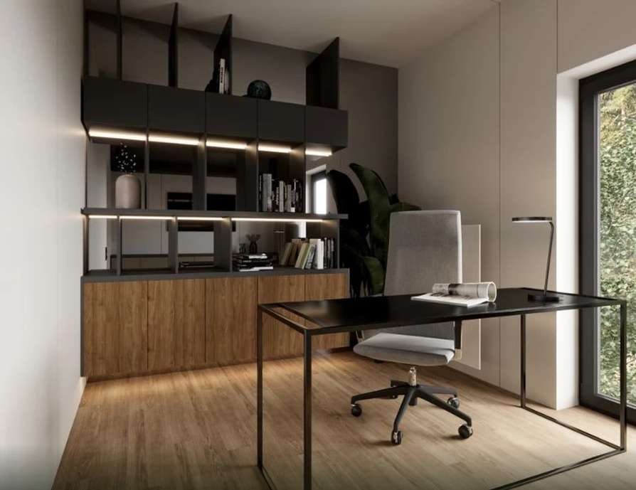Modern home office with large window and built-in shelving