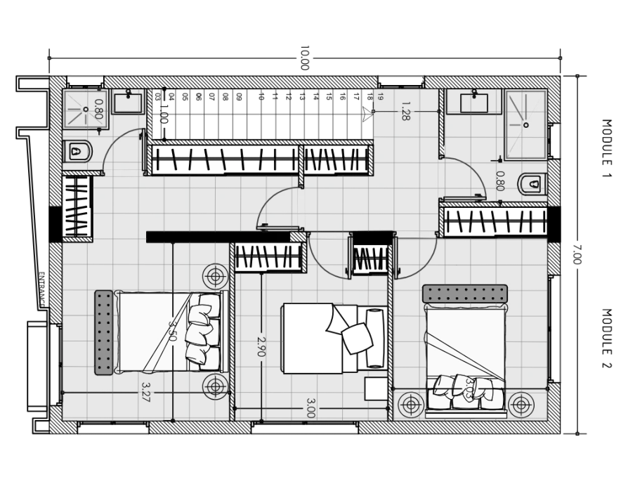 Architectural plan 1st floor of a three bedroom modular house