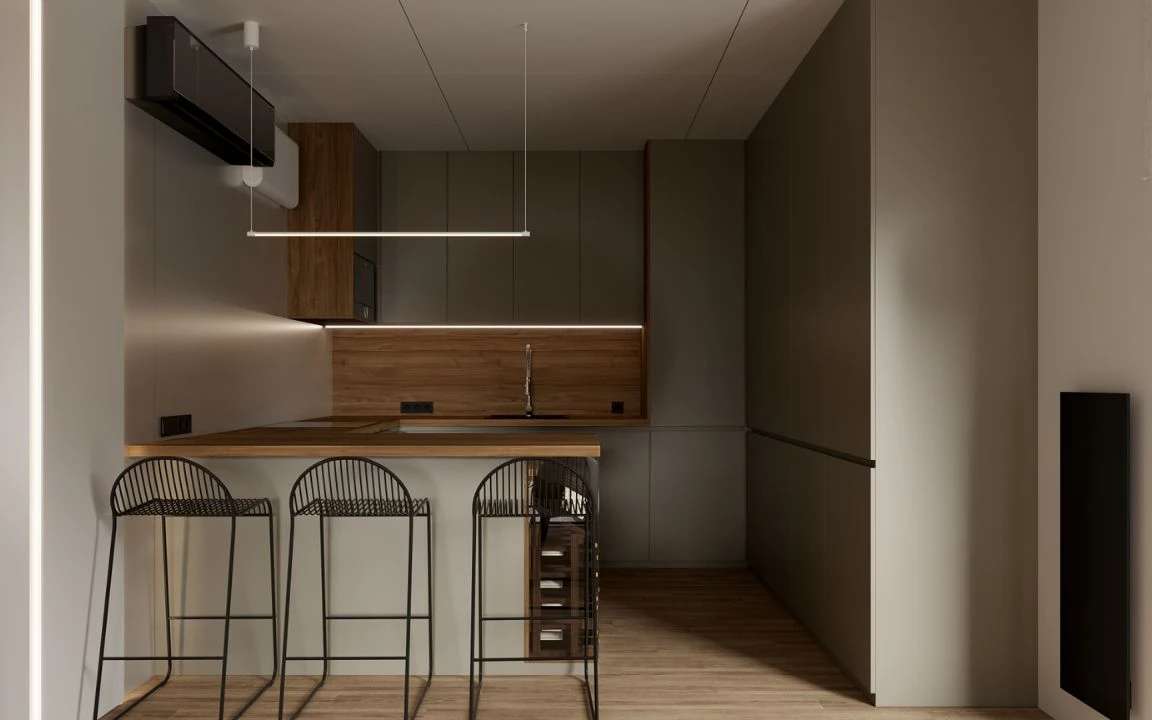 Modern minimalist kitchen with wood accents, built-in storage, and black bar stools