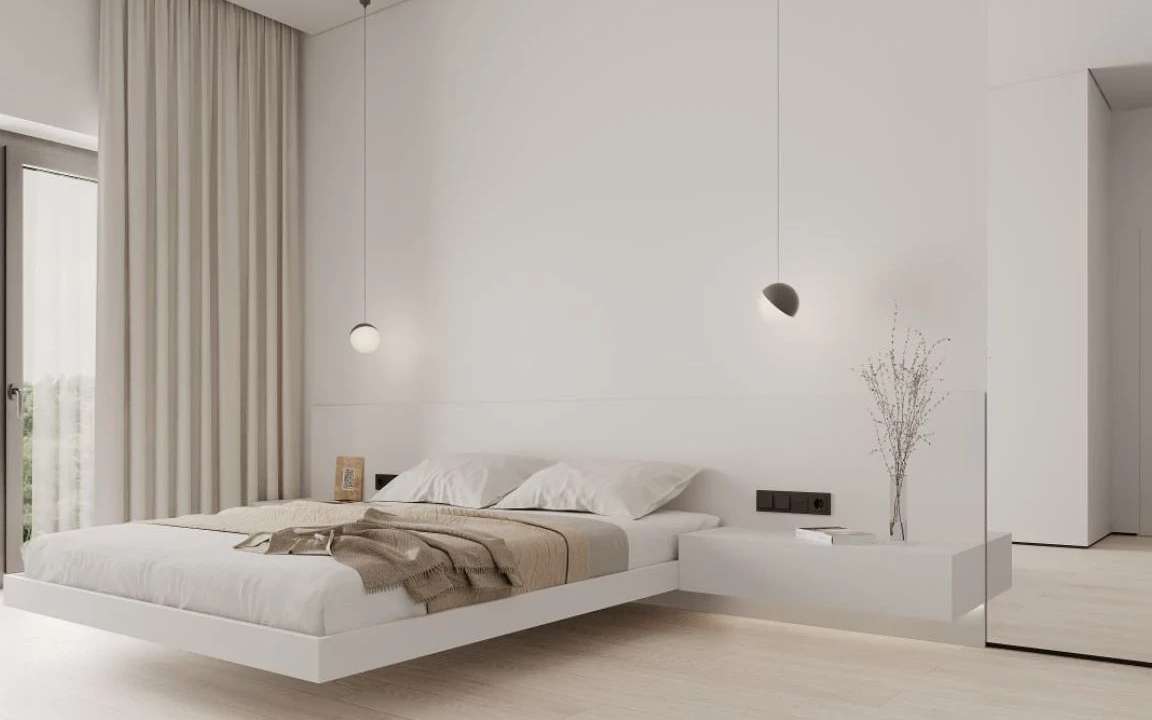 Minimalist bedroom with floating bed, pendant lights, and built-in nightstands