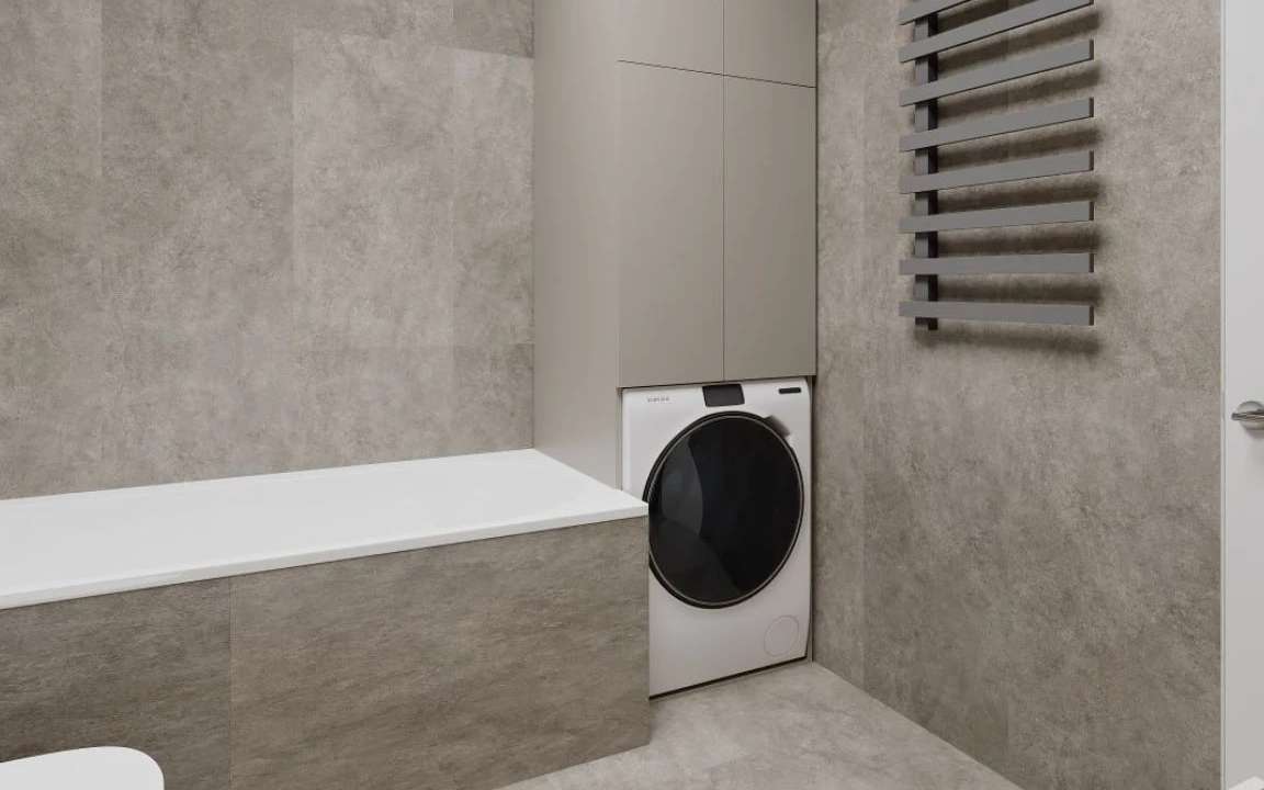 Compact bathroom with bathtub and integrated Samsung washing machine and vertical cabinets