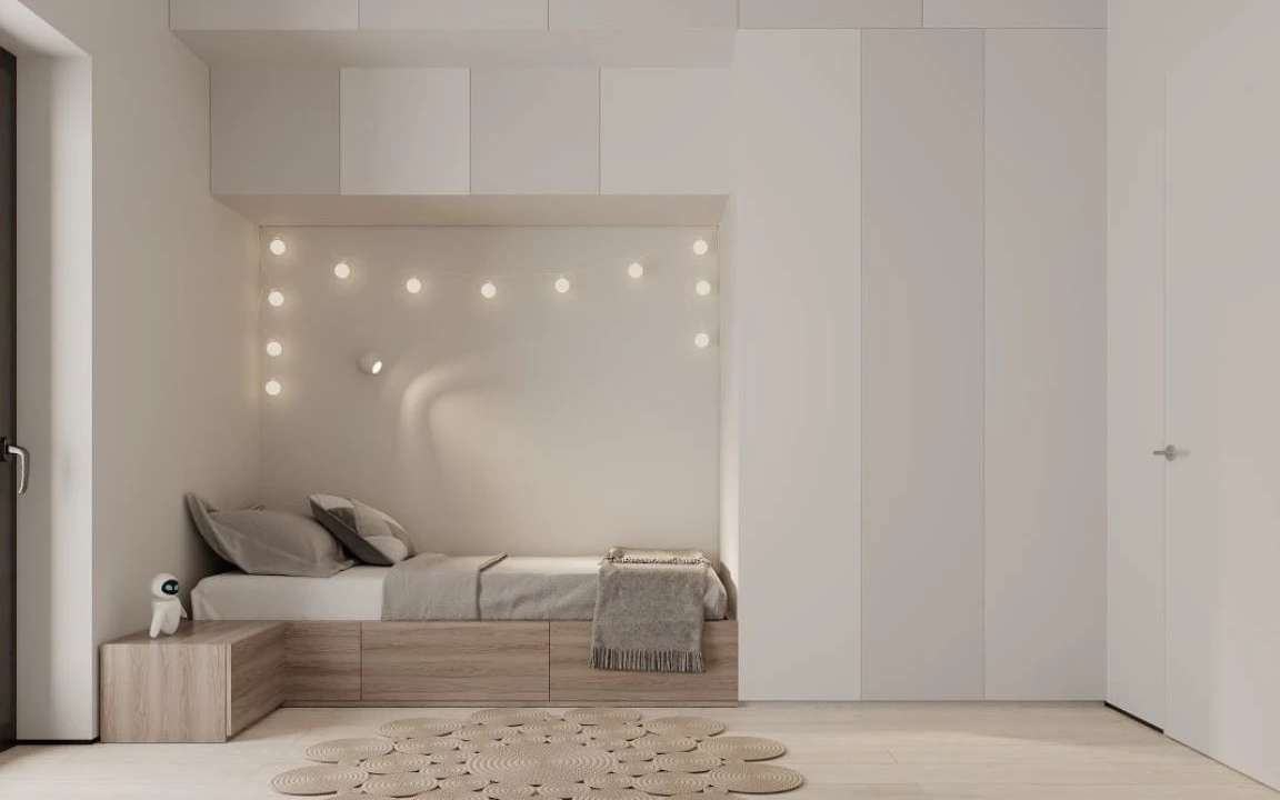Cozy child’s bedroom with fairy lights, built-in storage, and wood platform bed