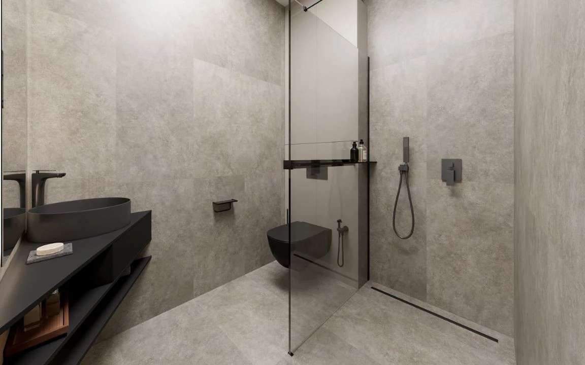 Contemporary bathroom in MD108 with floating toilet, walk-in shower, and minimalist fixtures.