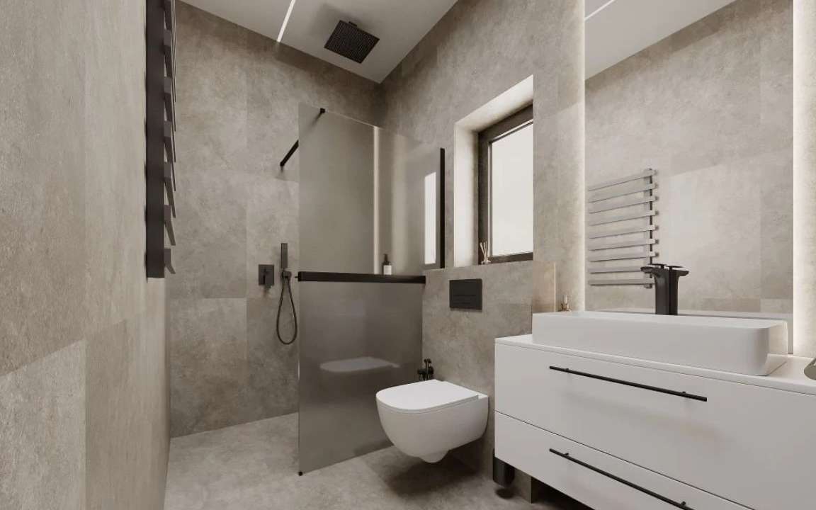 Ensuite bathroom with stone-look tiles, wall-mounted toilet, and black matte fixtures