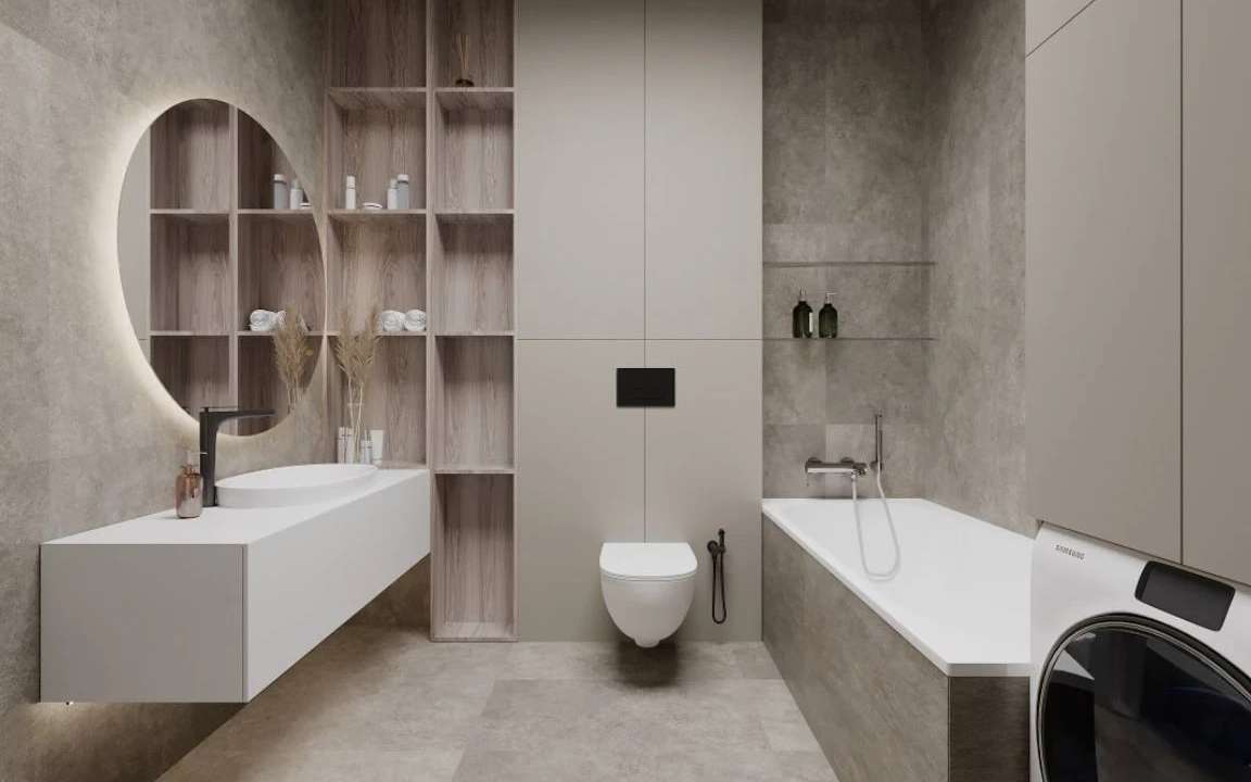 Modern guest bathroom with round backlit mirror, open shelving, and floating vanity