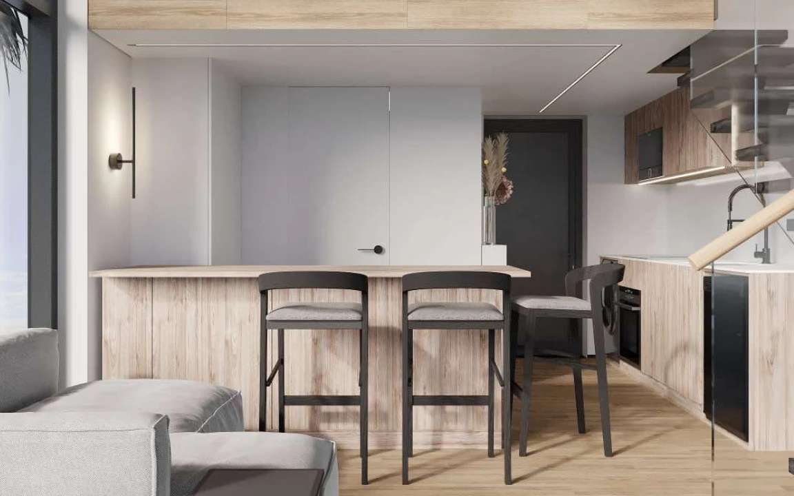 Living room of the  modular house with a large glass window and cozy couch
