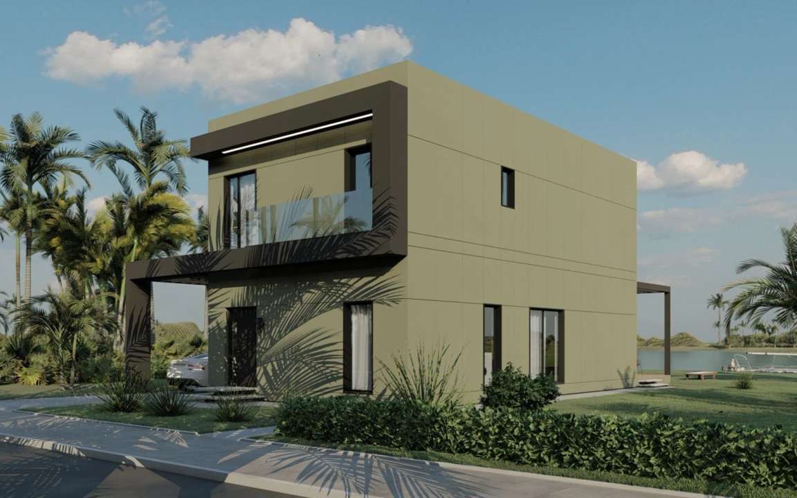 Exterior front right view of the MD168 two-story modular house by Mododomus, highlighting its modern architecture, spacious design, and customizable features.