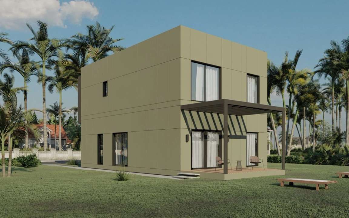 Exterior rear left view of the MD168 modular house, showcasing its contemporary design and the layout of outdoor living spaces ideal for family gatherings.