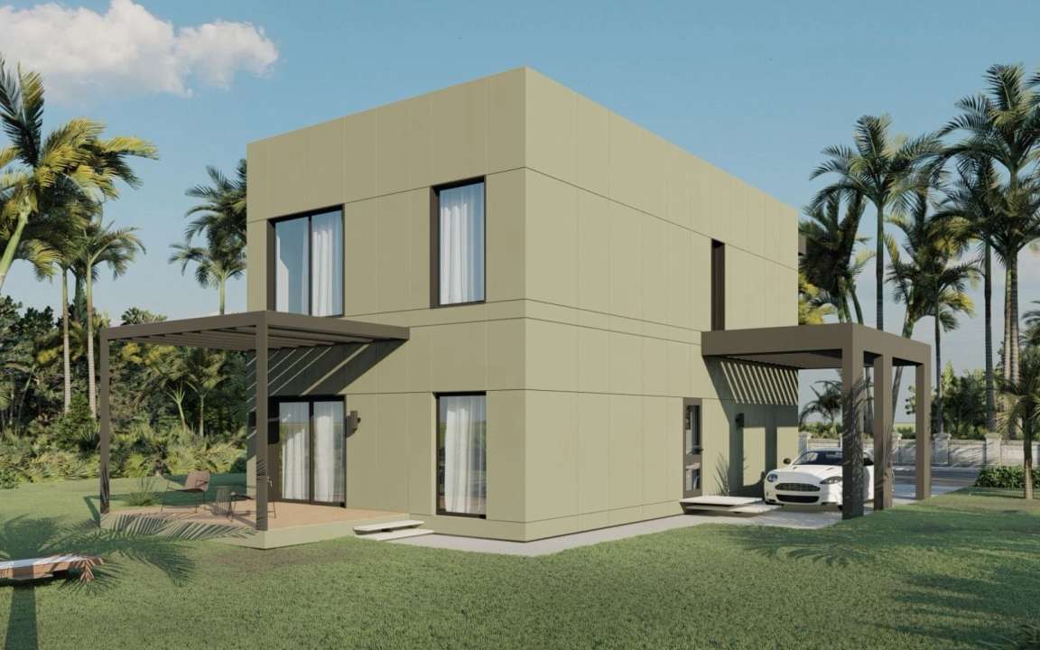 Exterior rear right view of the MD168 two-story modular house, emphasizing the sleek lines and modern aesthetics that define this customizable home.