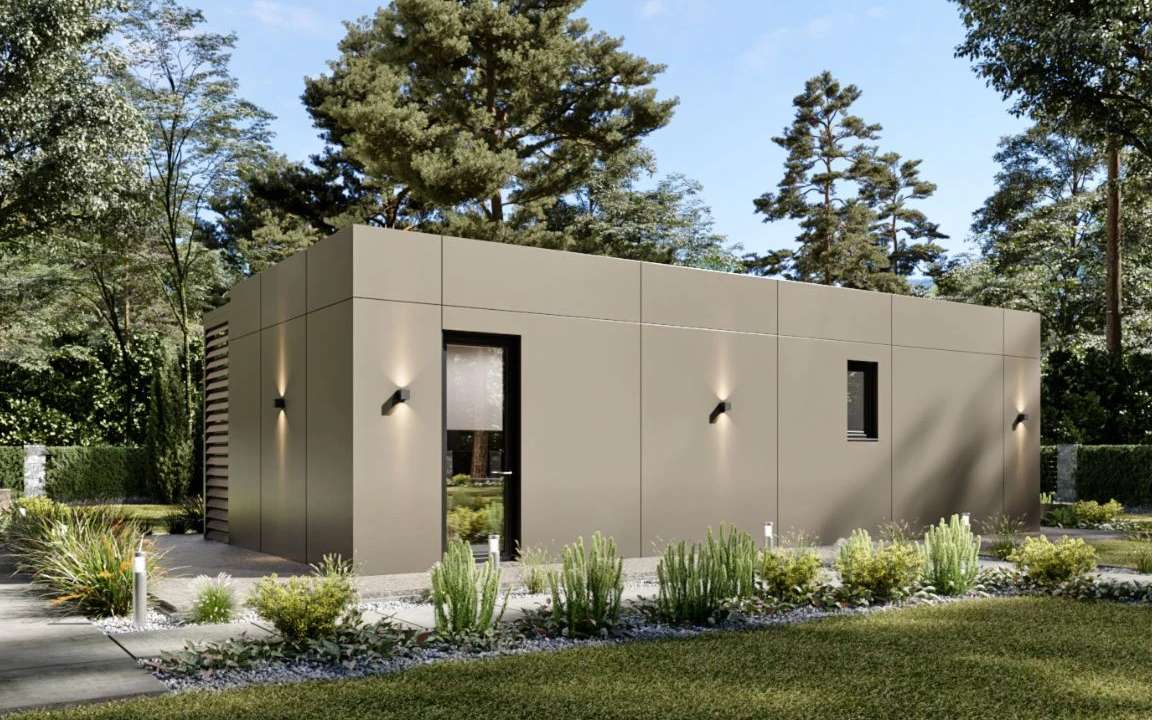the exterior rear view of steel frame factory build one bedroom home MD54 with garden