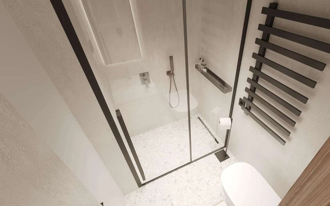 Overhead view of the shower in the  modular house with modern fixtures and design