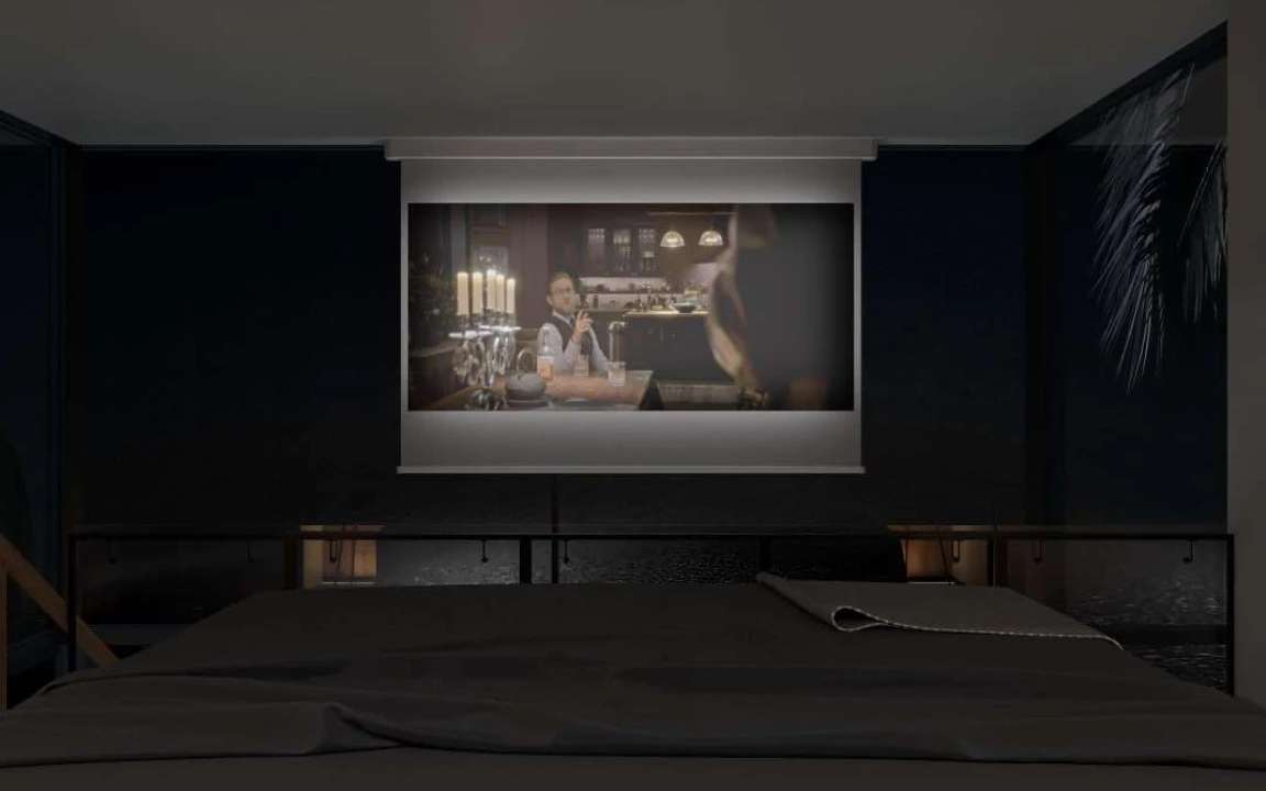 Bedroom view of Cinema projector at night