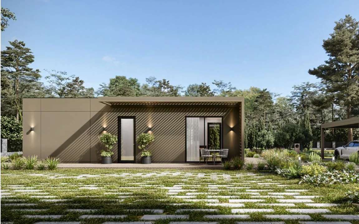 Sleek front exterior of the MD54 beige modular house, showcasing modern architectural design with large windows and a welcoming entrance.