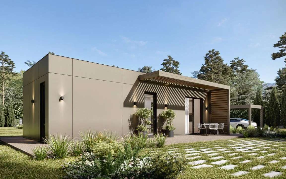Stylish front left view of the MD54 beige modular house, featuring a spacious terrace that extends the living area outdoors for relaxed gatherings.
