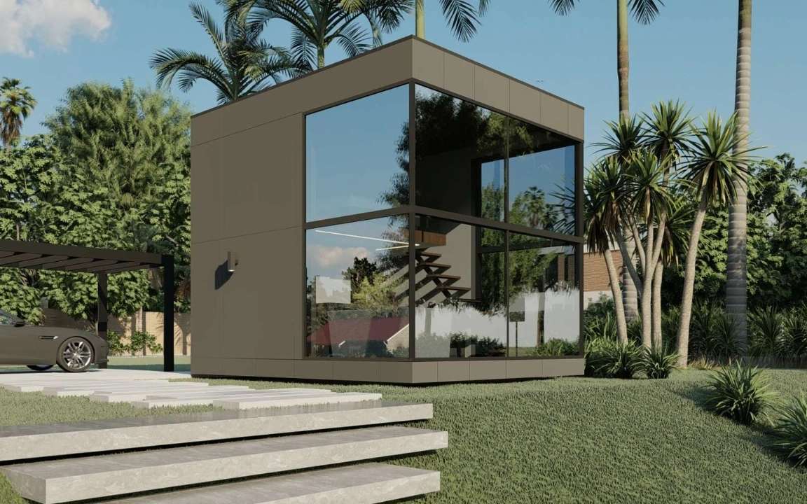 Exterior view of the MD50 modular house with large glass windows