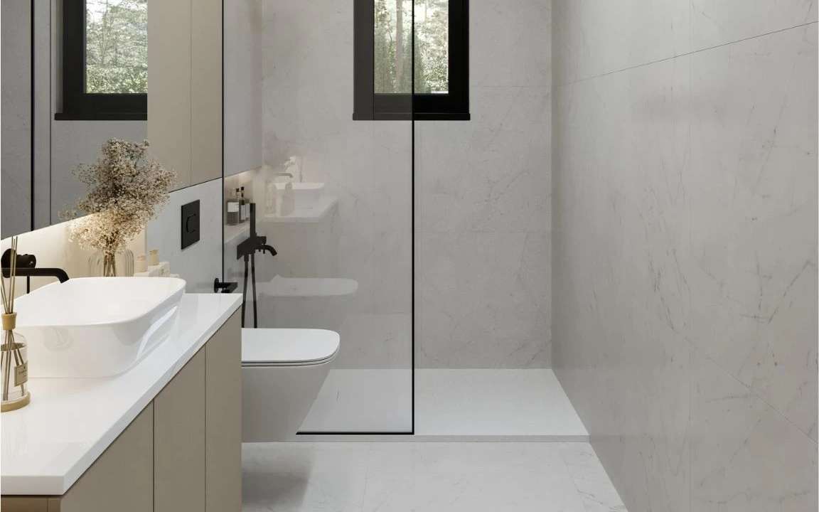 modern beige bathroom in a prefabricated home